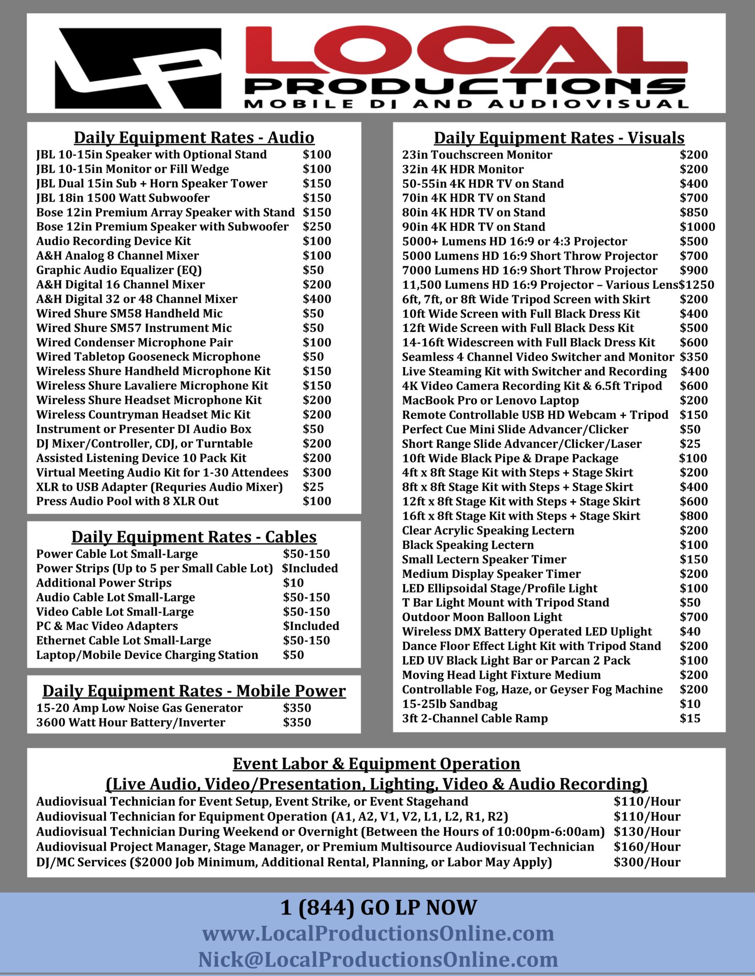 Local Productions AV Price List Updated August 2024